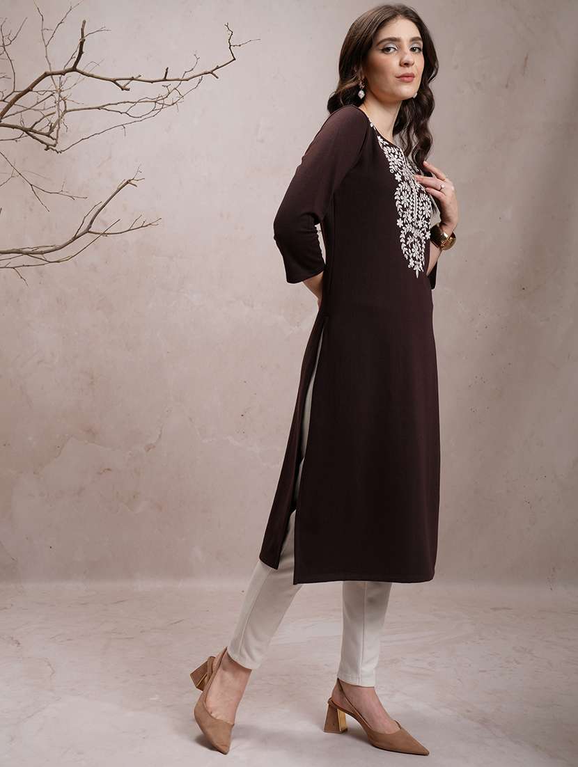 women three quarter sleeve straight kurta - 21486615 -  Standard Image - 2