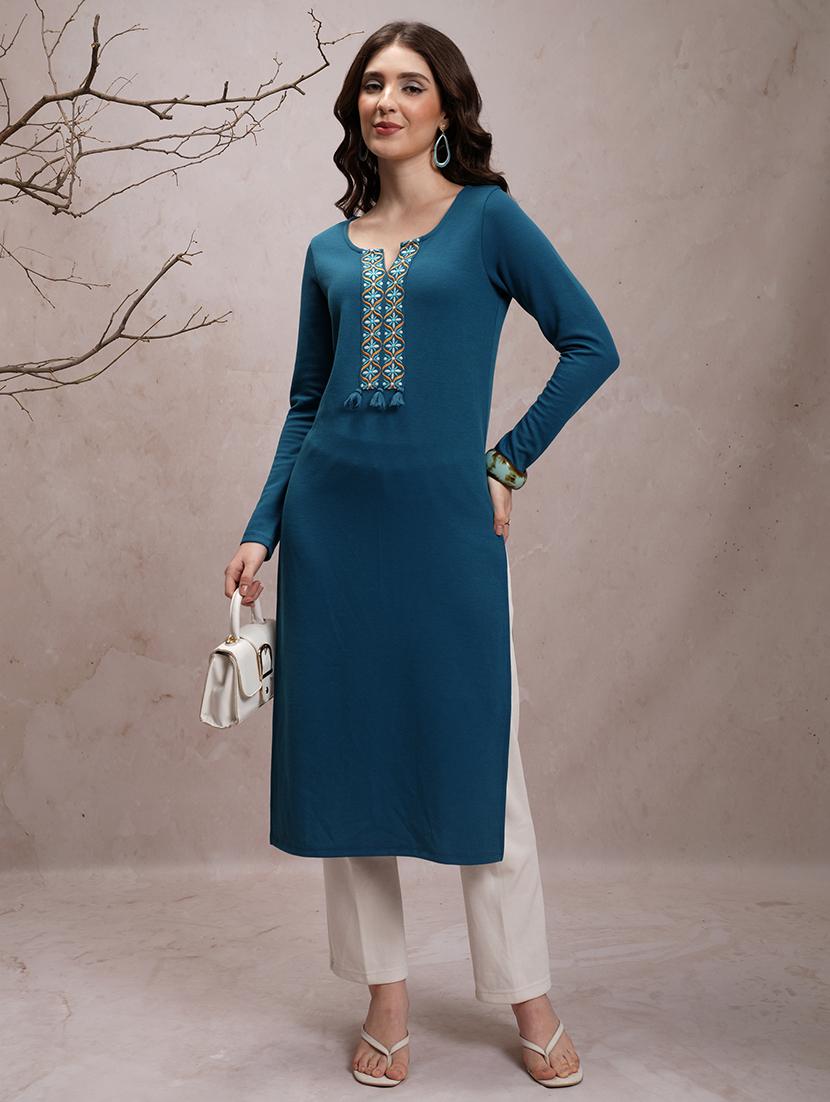 women three quarter sleeve embroidered a-line kurta