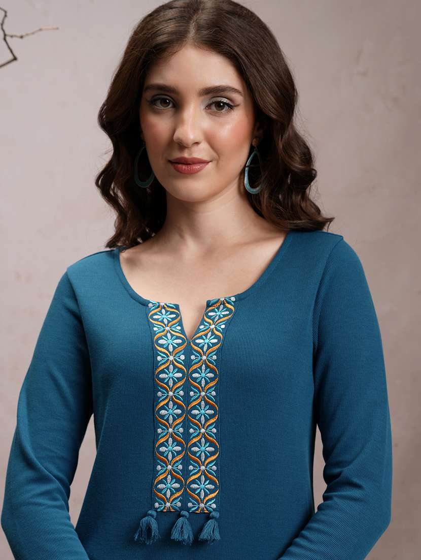Women Three Quarter Sleeve Embroidered A Line Kurta