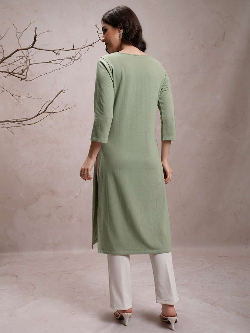 women three quarter sleeve embroidered a-line kurta - 21486625 -  Standard Image - 2