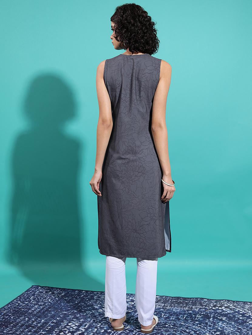 grey floral printed a-line kurta - 21486666 - Standard Image - 2