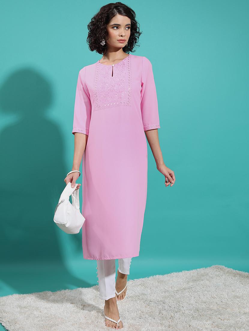 pink embroidered a-line kurta - 21486667 -  Zoom Image - 0