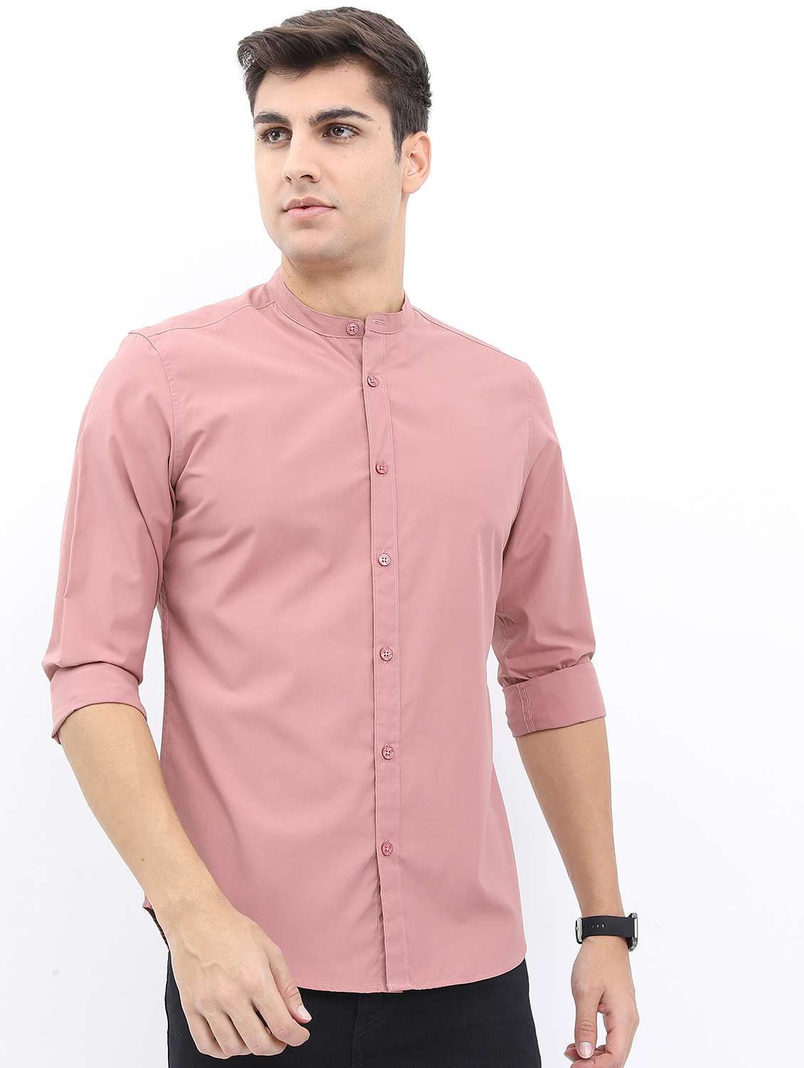 men mandarin neck solid casual shirt