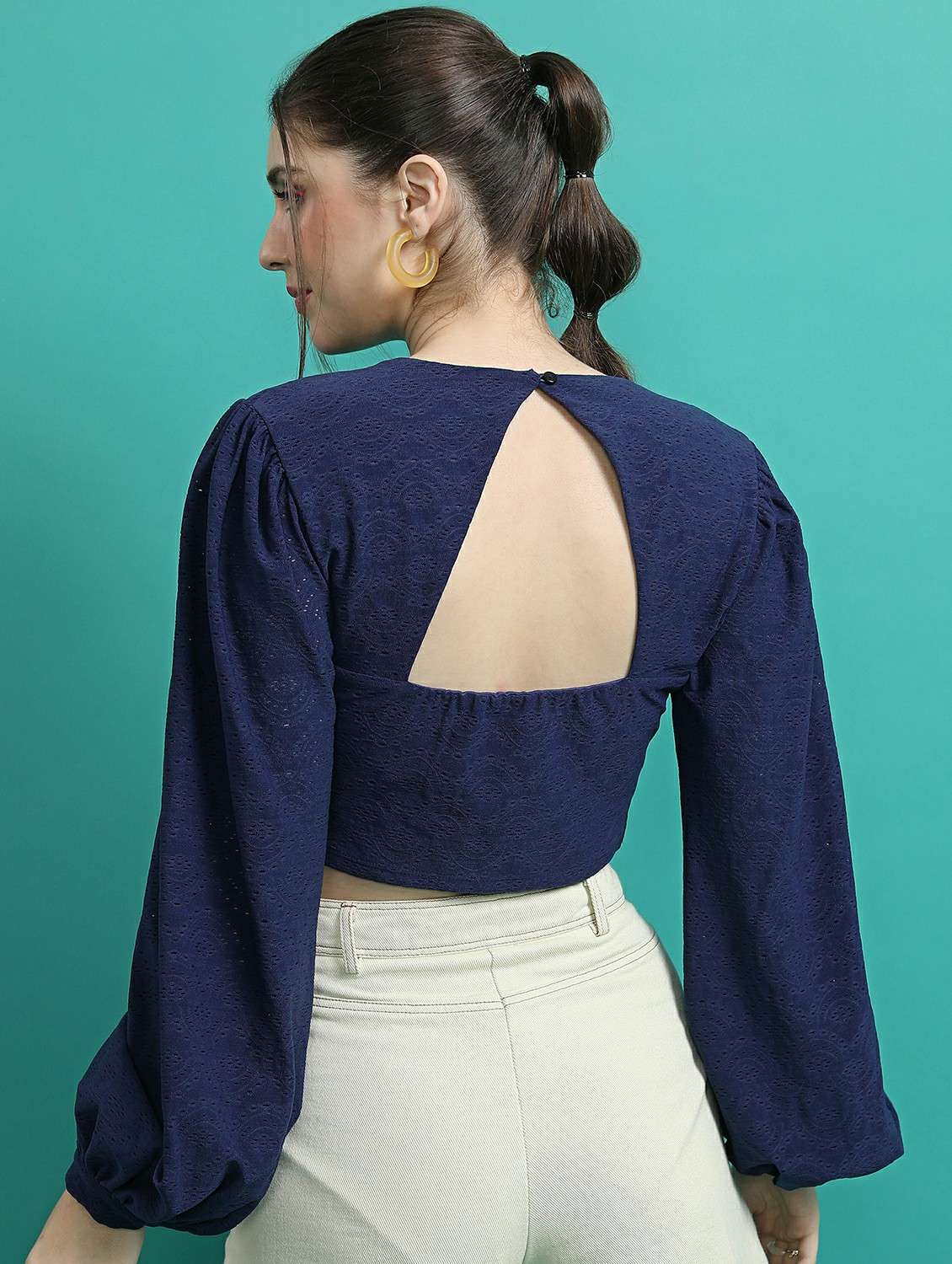 women navy blue cotton blend blouson top - 21487189 - Standard Image - 2