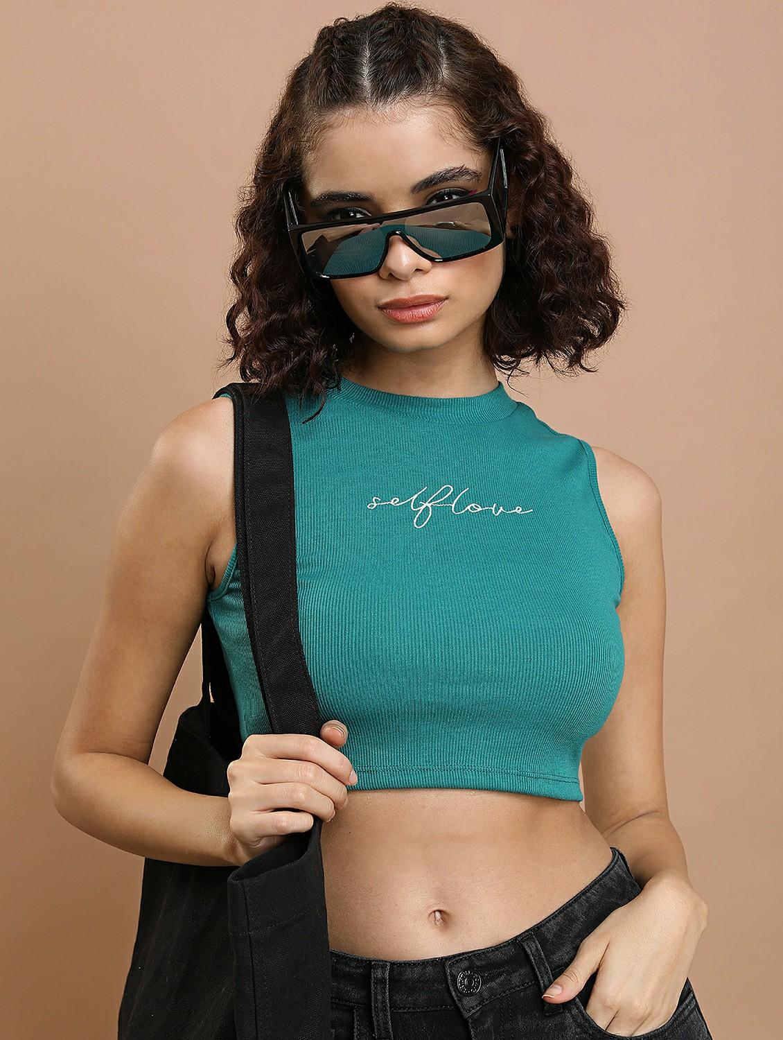 dark green typography crop top - 21487227 - Standard Image - 2