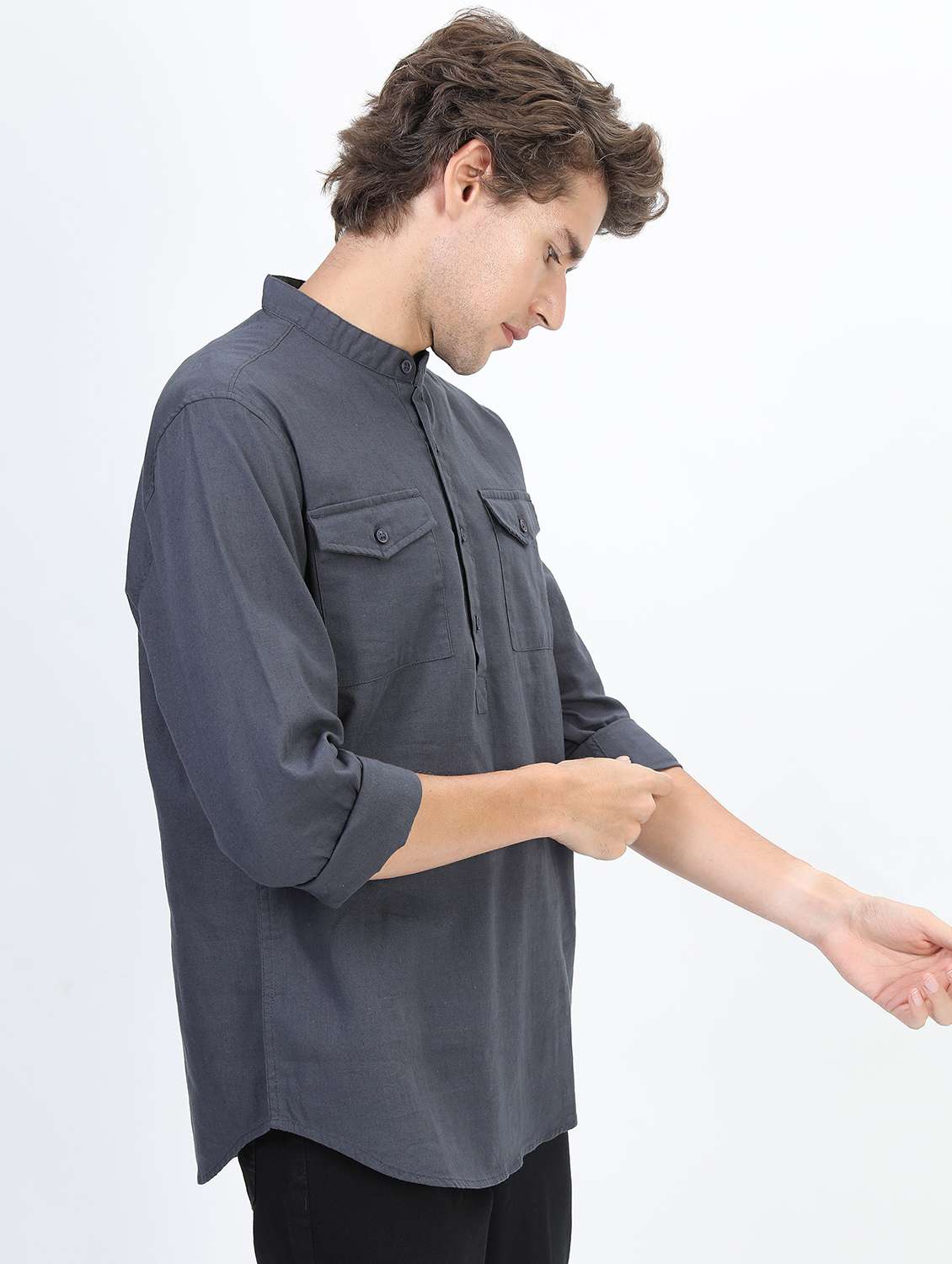 men grey mandarin neck casual shirts - 21487233 -  Standard Image - 2