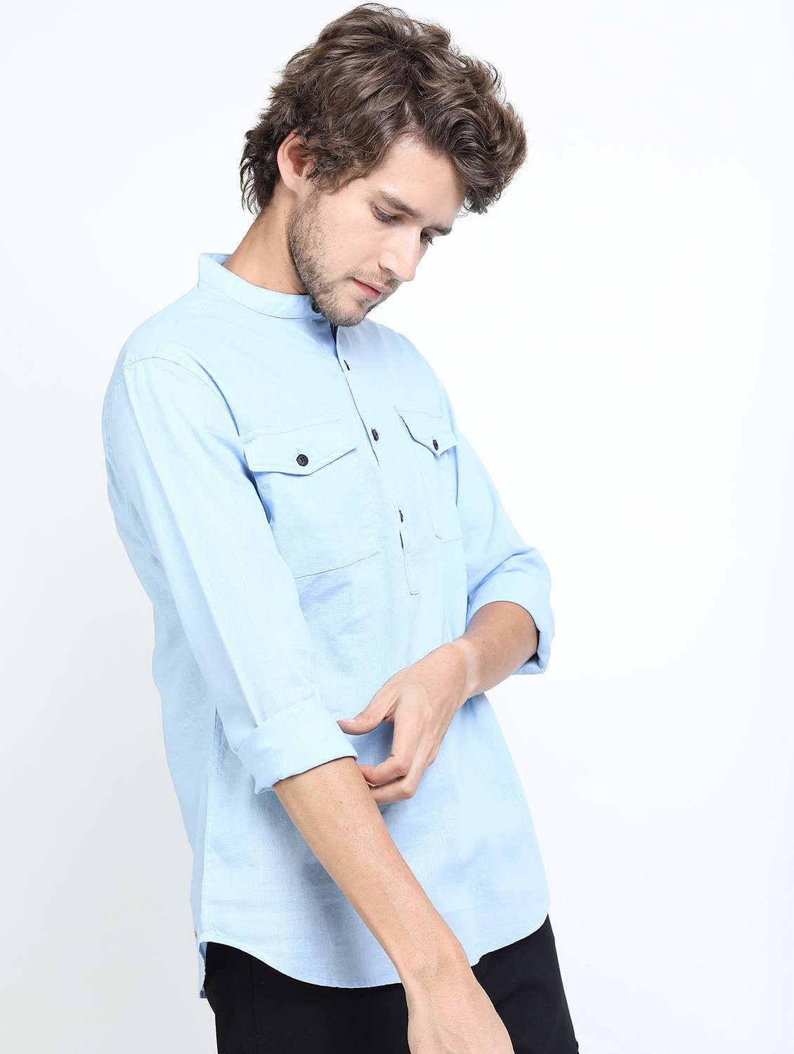 men light blue mandarin neck neck casual shirts - 21487234 -  Standard Image - 2