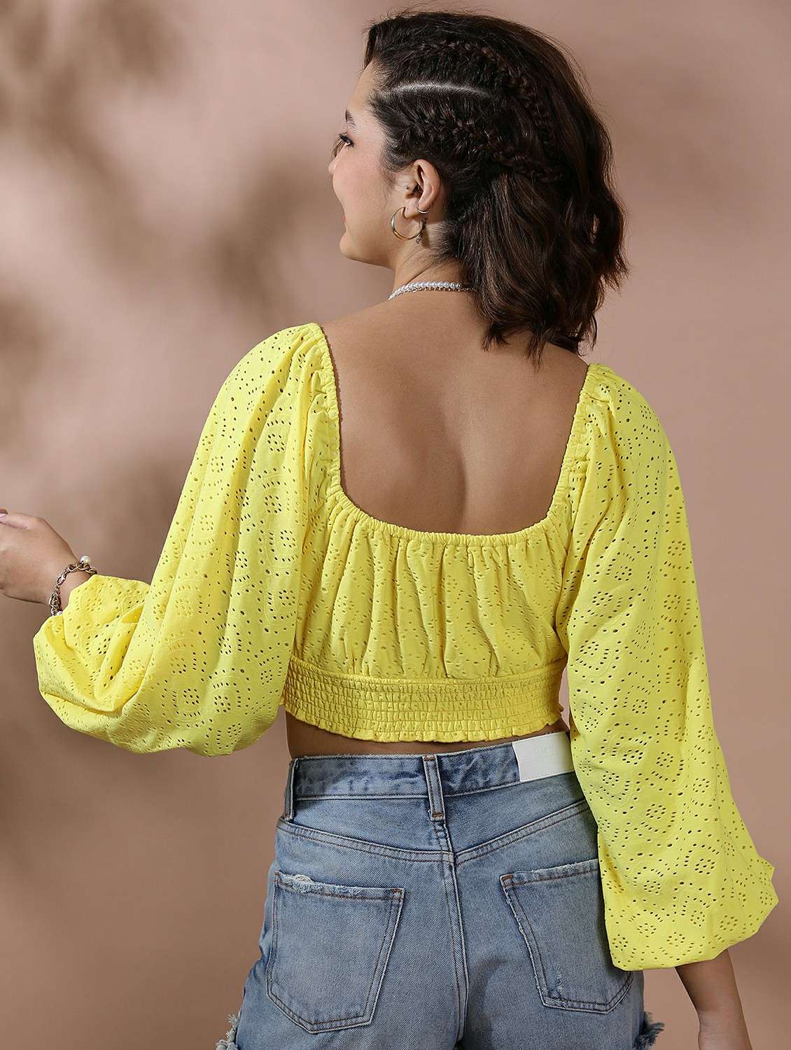 women yellow cotton blend crop top - 21487250 -  Standard Image - 2