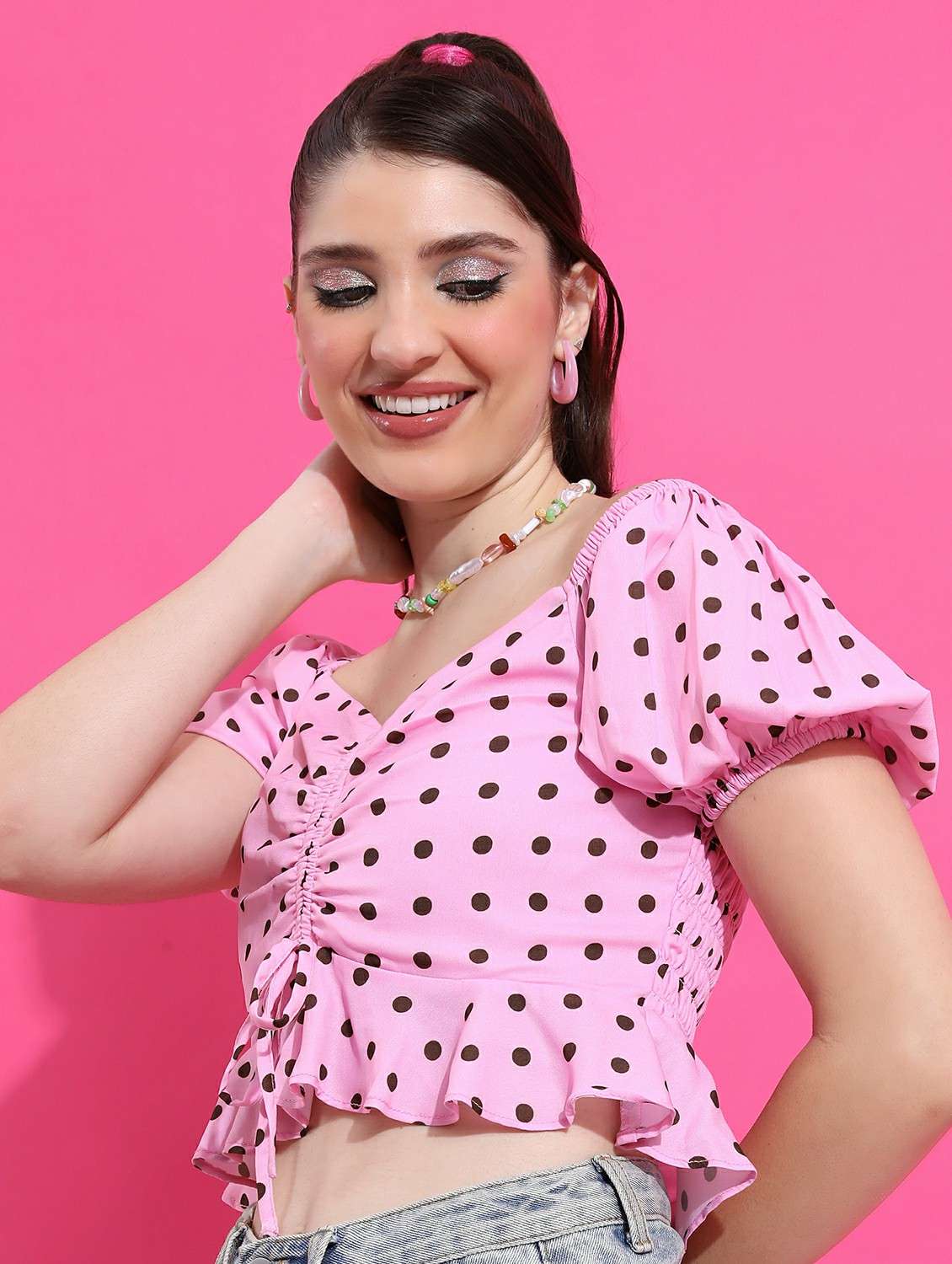 women pink cotton blend crop top