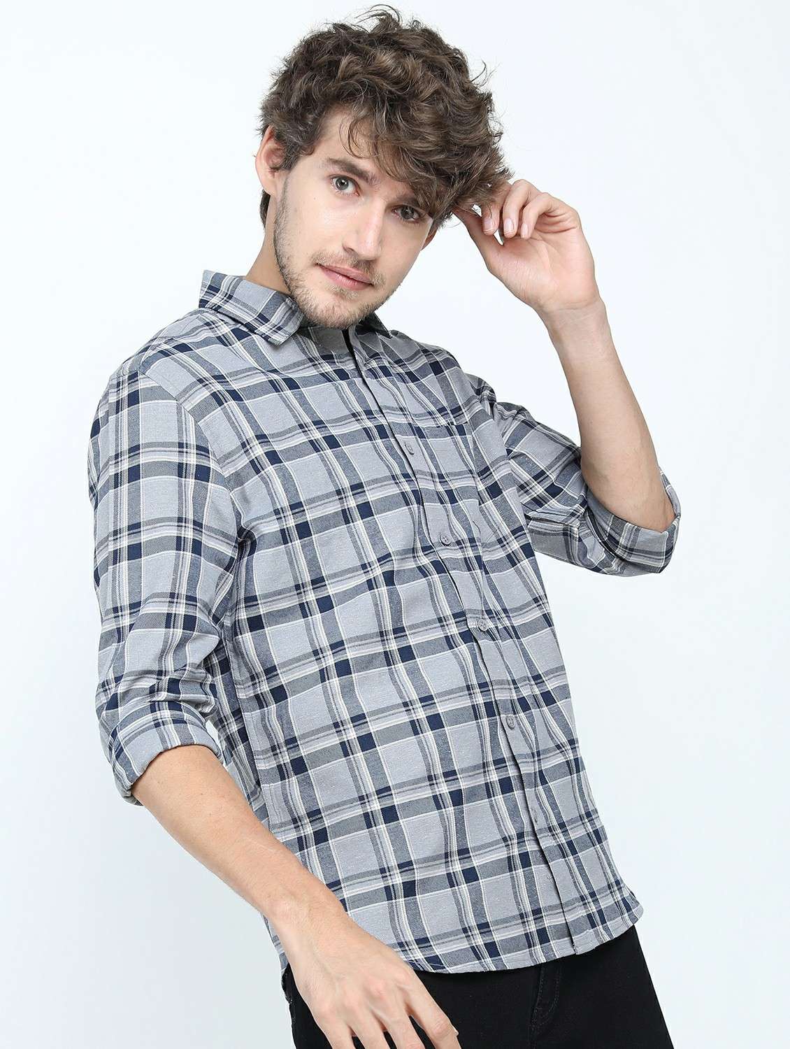 men grey slim fit check print casual shirt - 21487396 - Standard Image - 2