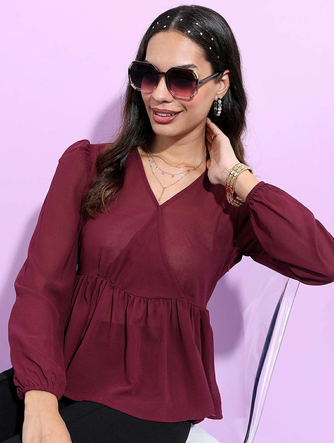 women maroon cotton blend peplum top