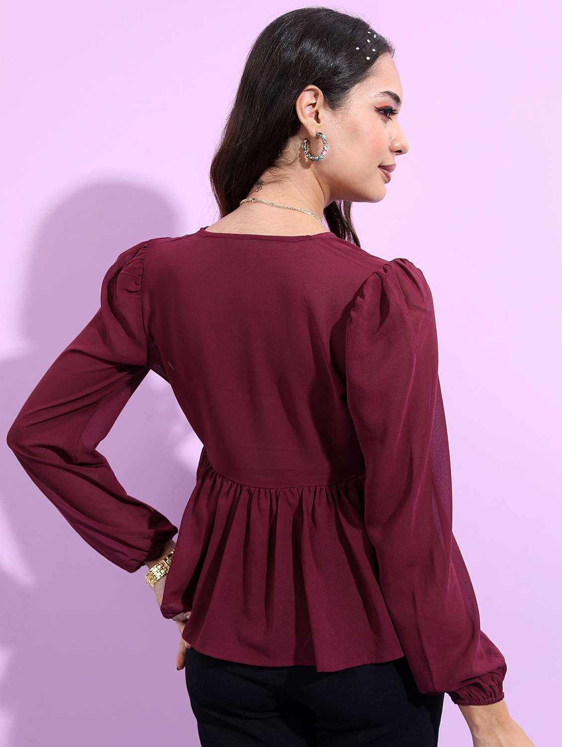 women maroon cotton blend peplum top - 21487405 -  Standard Image - 2
