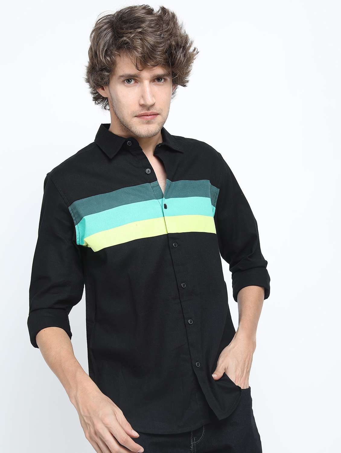 men long sleeved color block casual shirt