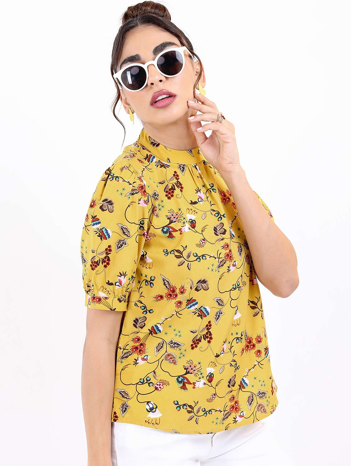 women yellow cotton blend regular top - 21487490 -  Standard Image - 2