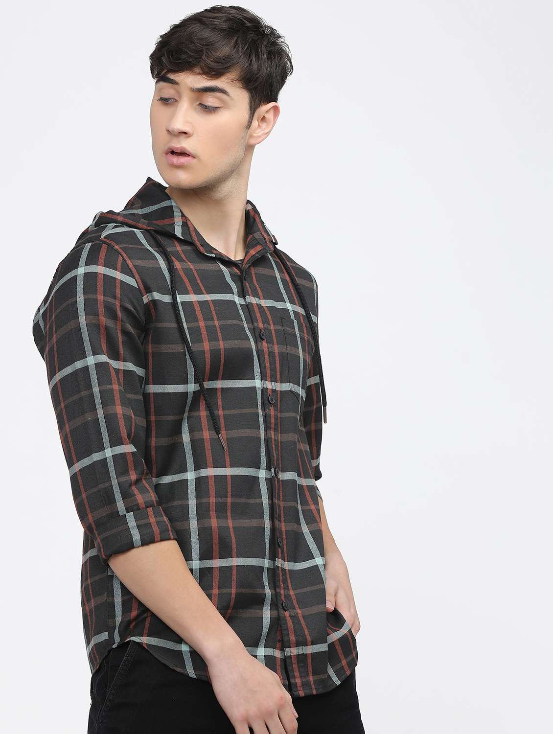 men hooded checks casual shirt - 21487588 -  Standard Image - 2