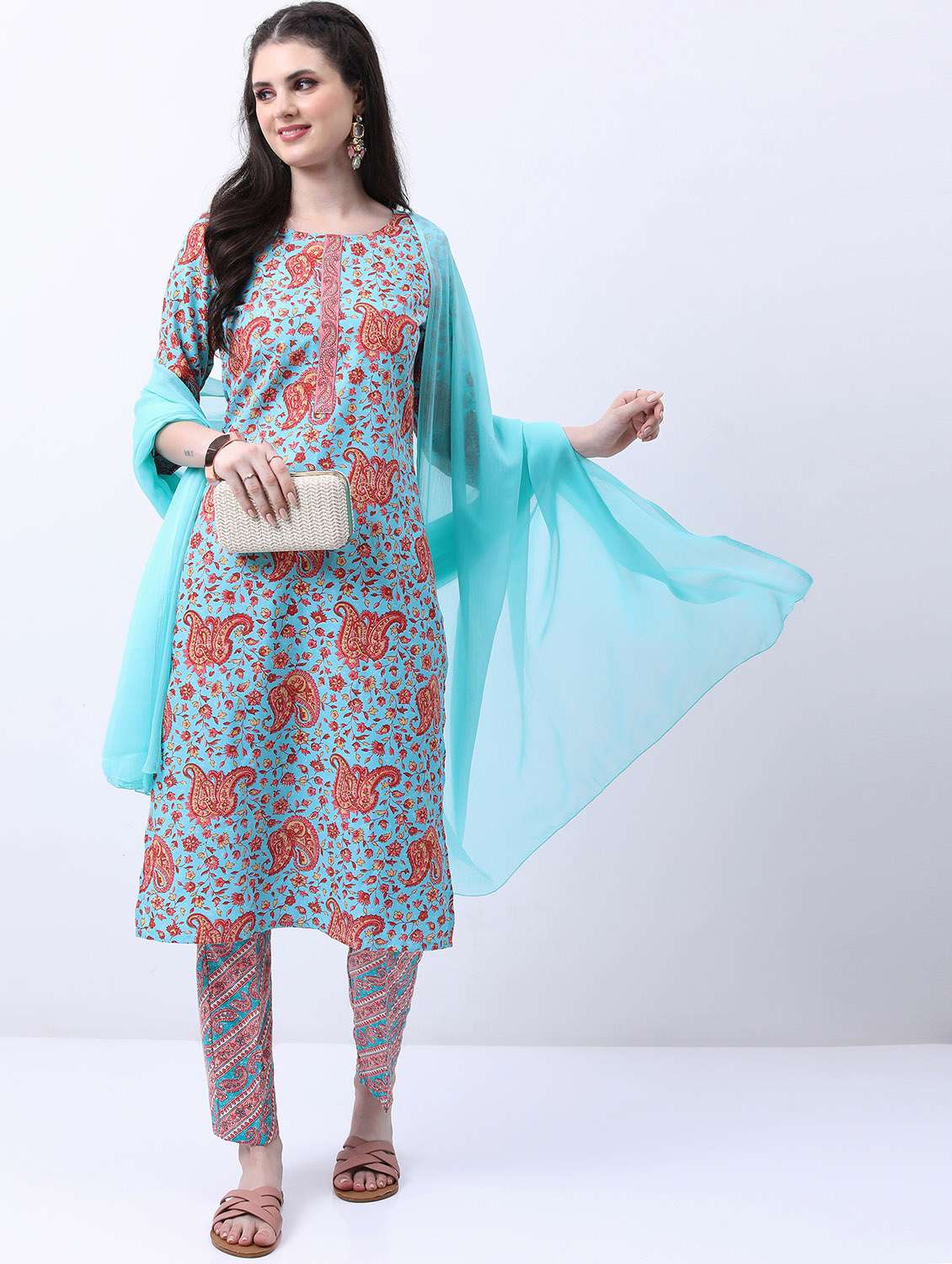 women light blue kurta pant set with dupatta