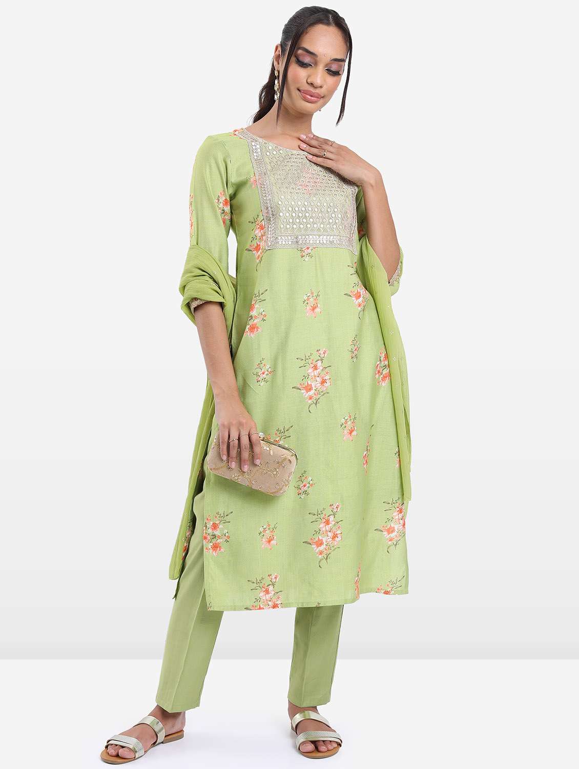 women neo mint kurta pant set with dupatta