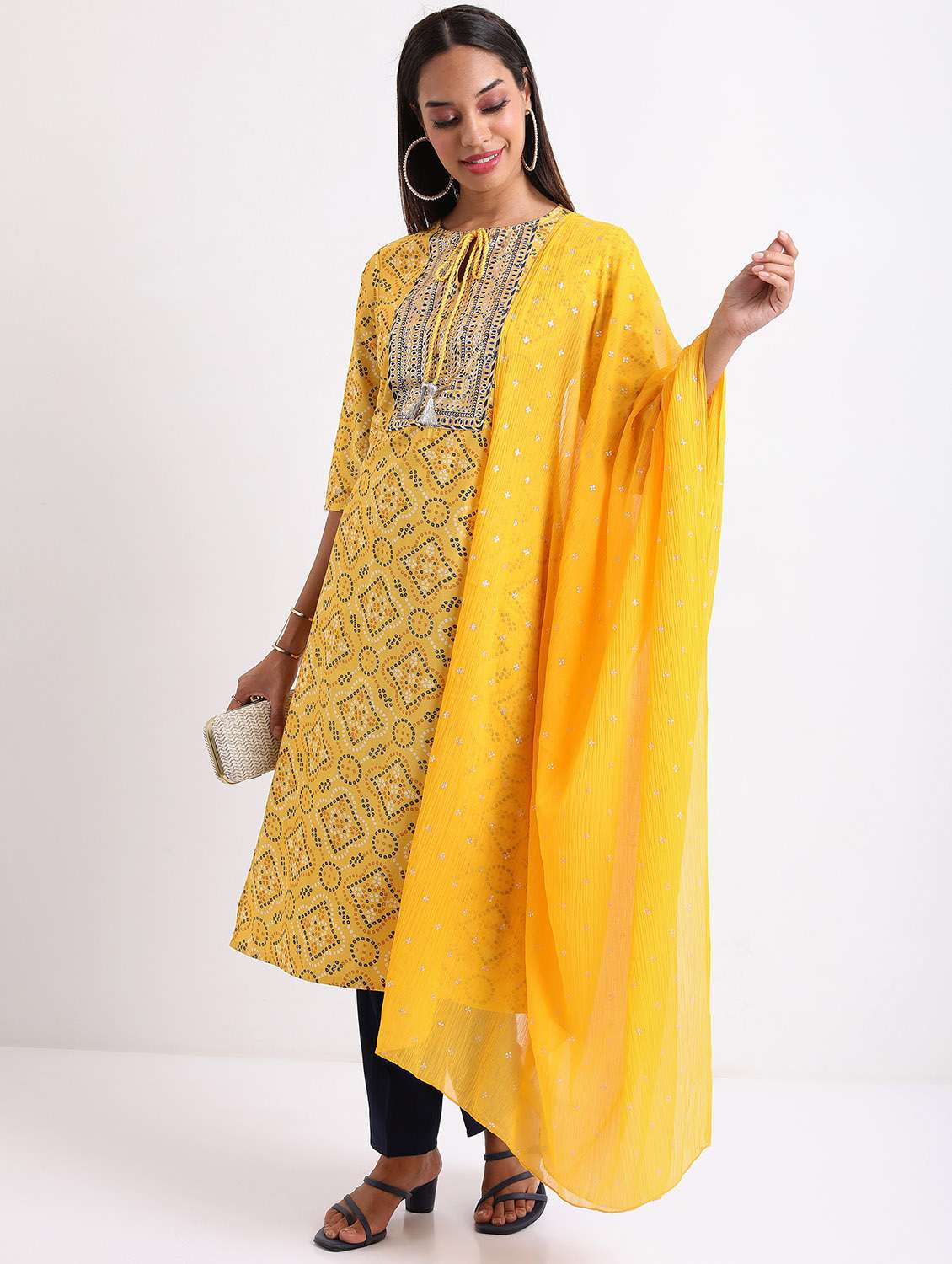 women bandhani printed kurta pant set with dupatta