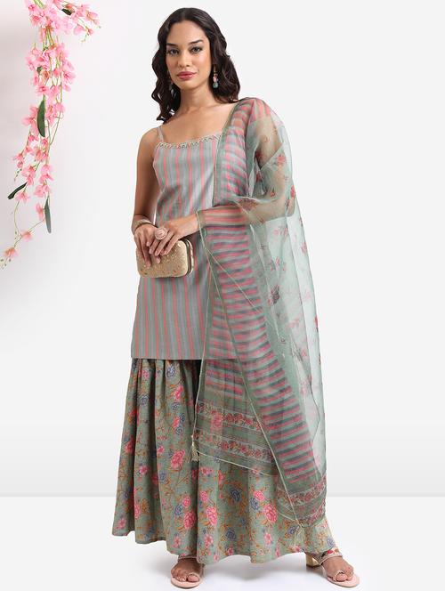 women stripes printed kurta sharara set with dupatta - 21488170 - Standard Image - 0