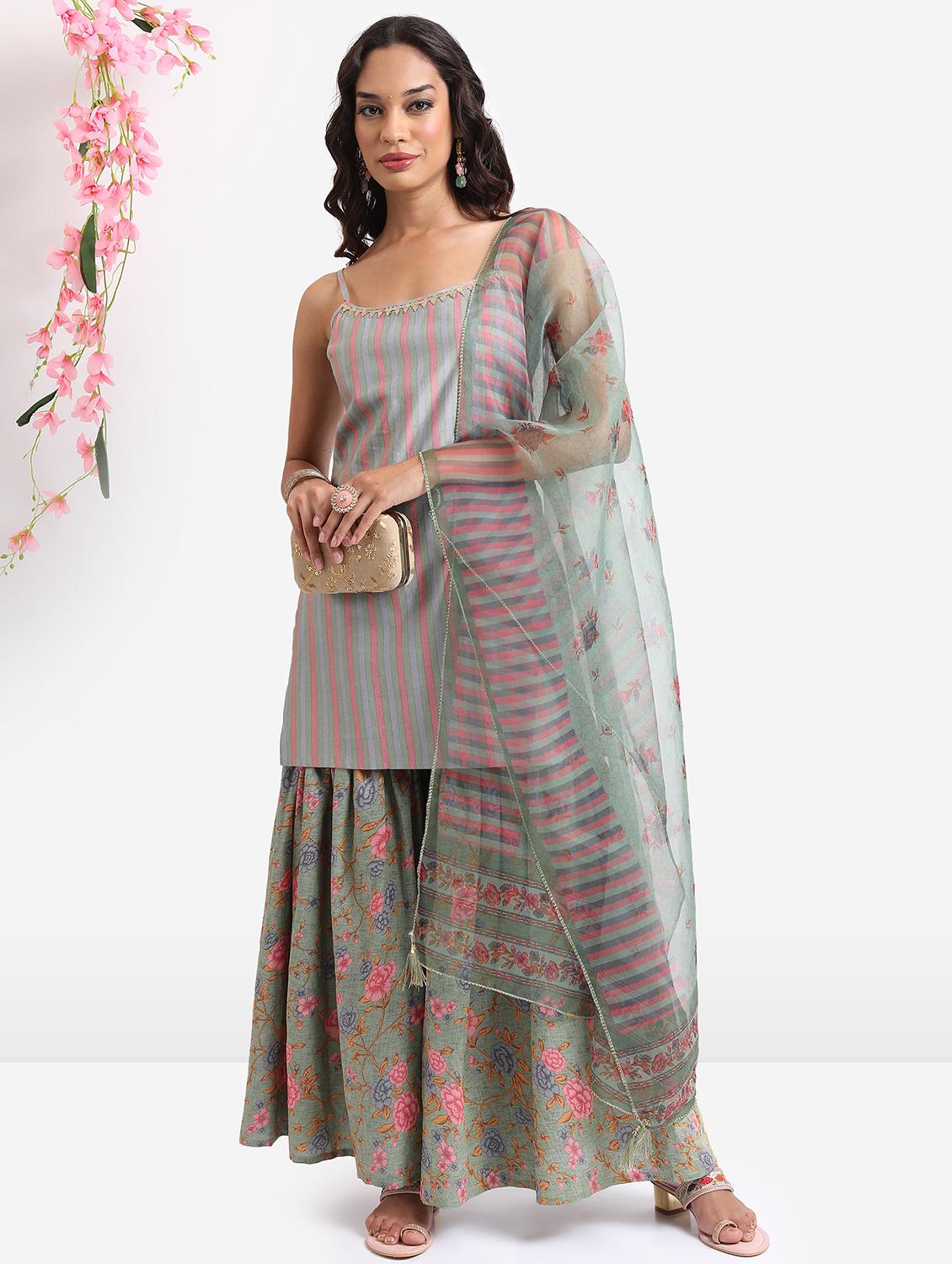women stripes printed kurta sharara set with dupatta - 21488170 - Zoom Image - 0