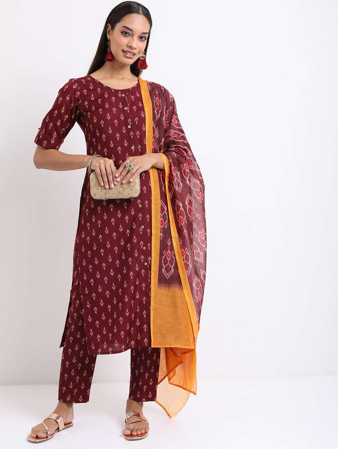 women maroon ikat printed kurta pant set with dupatta