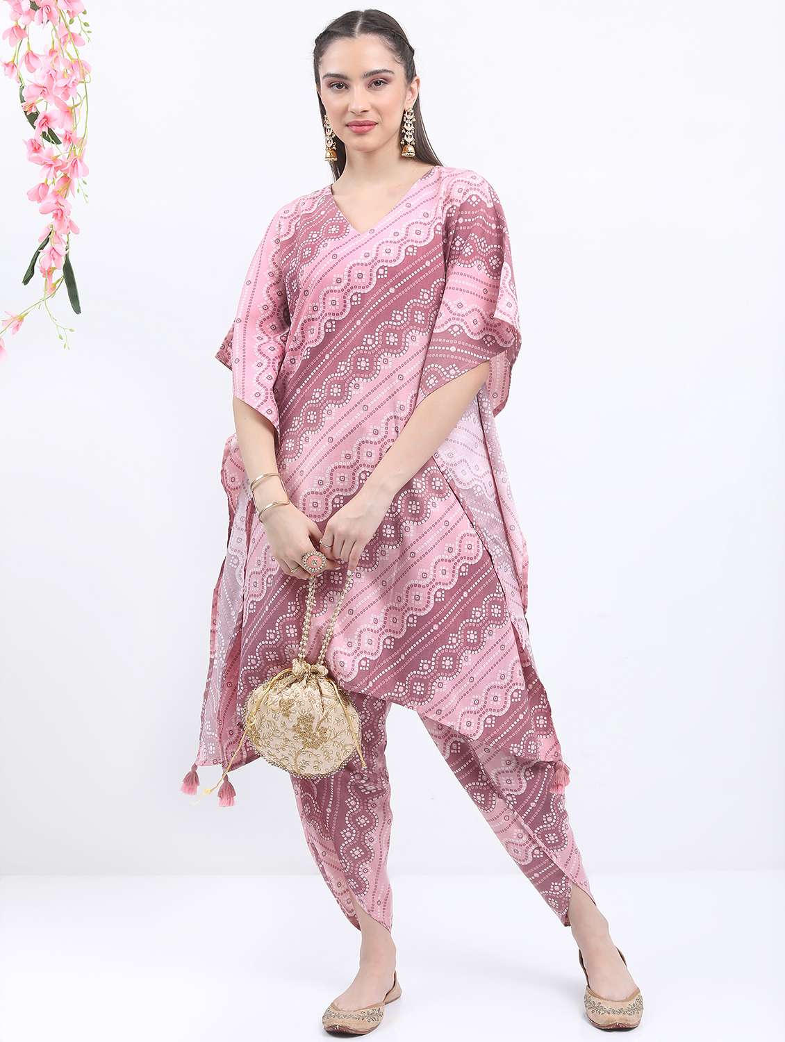 women mauve printed v neck kaftan set