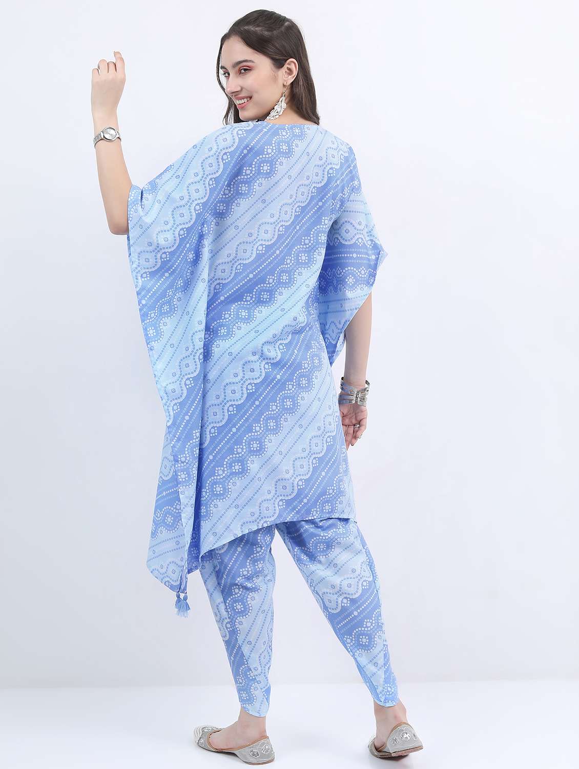 women light blue printed v neck kaftan set - 21488206 - Standard Image - 2