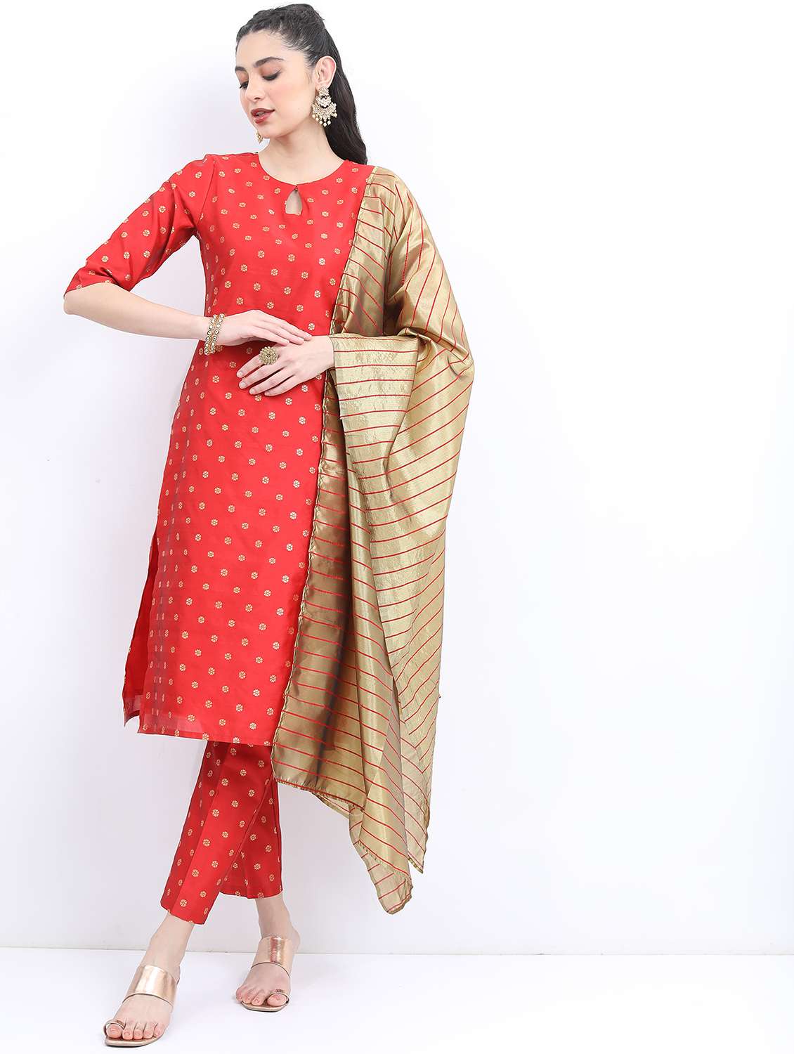 red gold printed kurta pant set