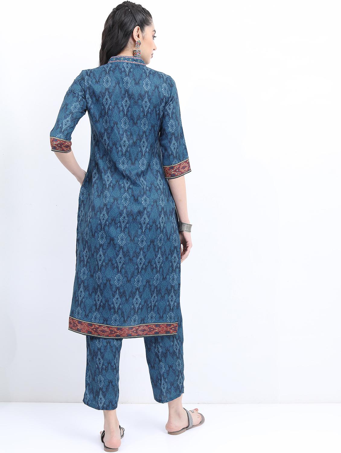 women blue v neck kurta pant set - 21488260 - Standard Image - 2