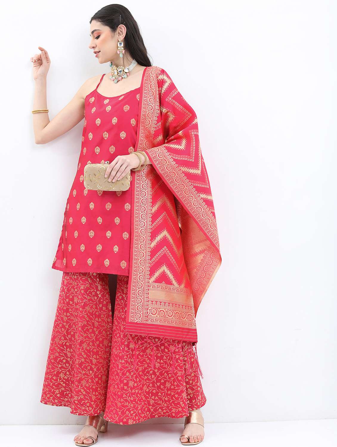 women red kurta sharara set with dupatta