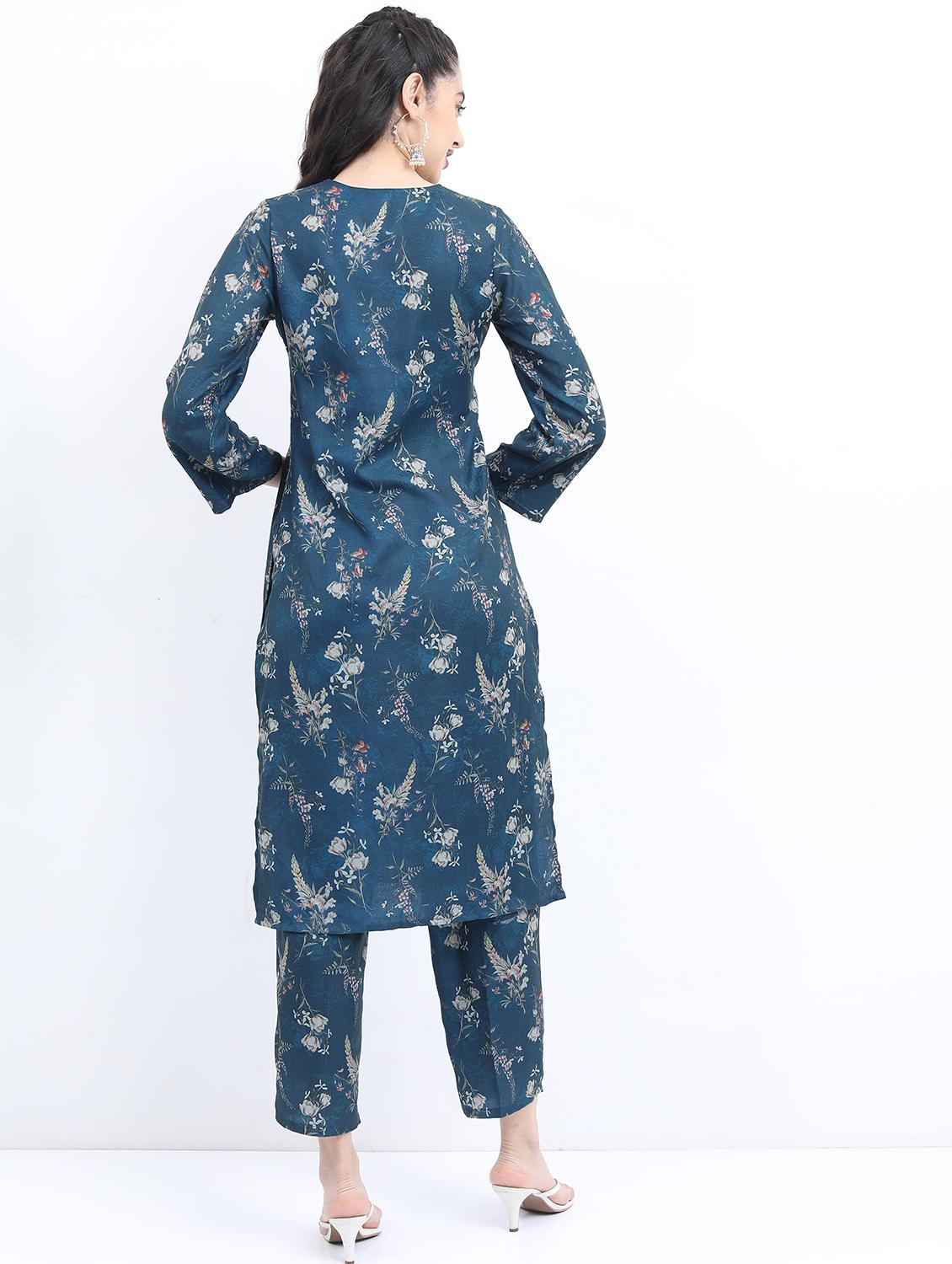 women teal floral printed kurta pant set - 21488265 - Standard Image - 2