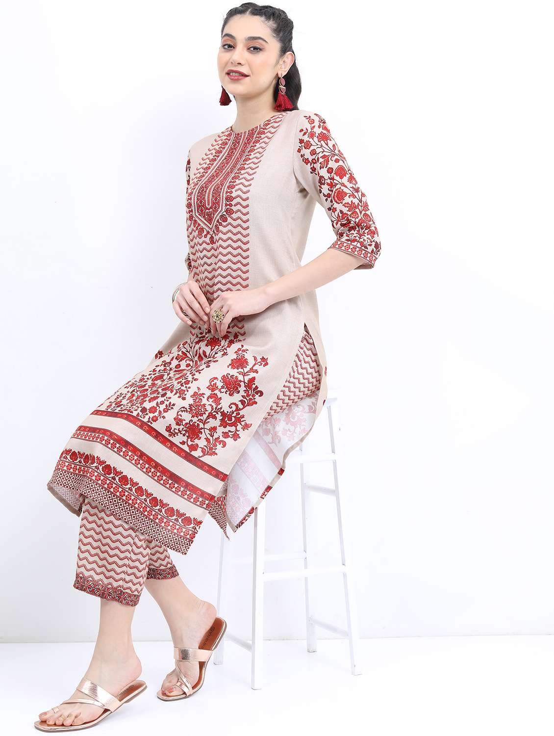 women beige printed kurta pant set - 21488280 -  Standard Image - 2