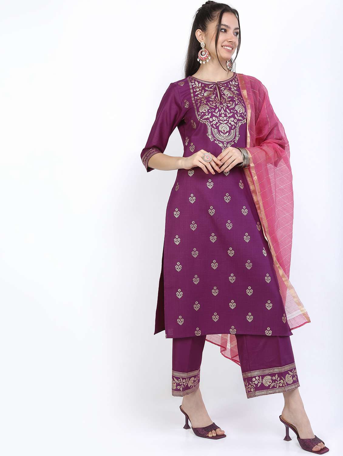women purple kurta pant set with dupatta - 21488318 - Standard Image - 2