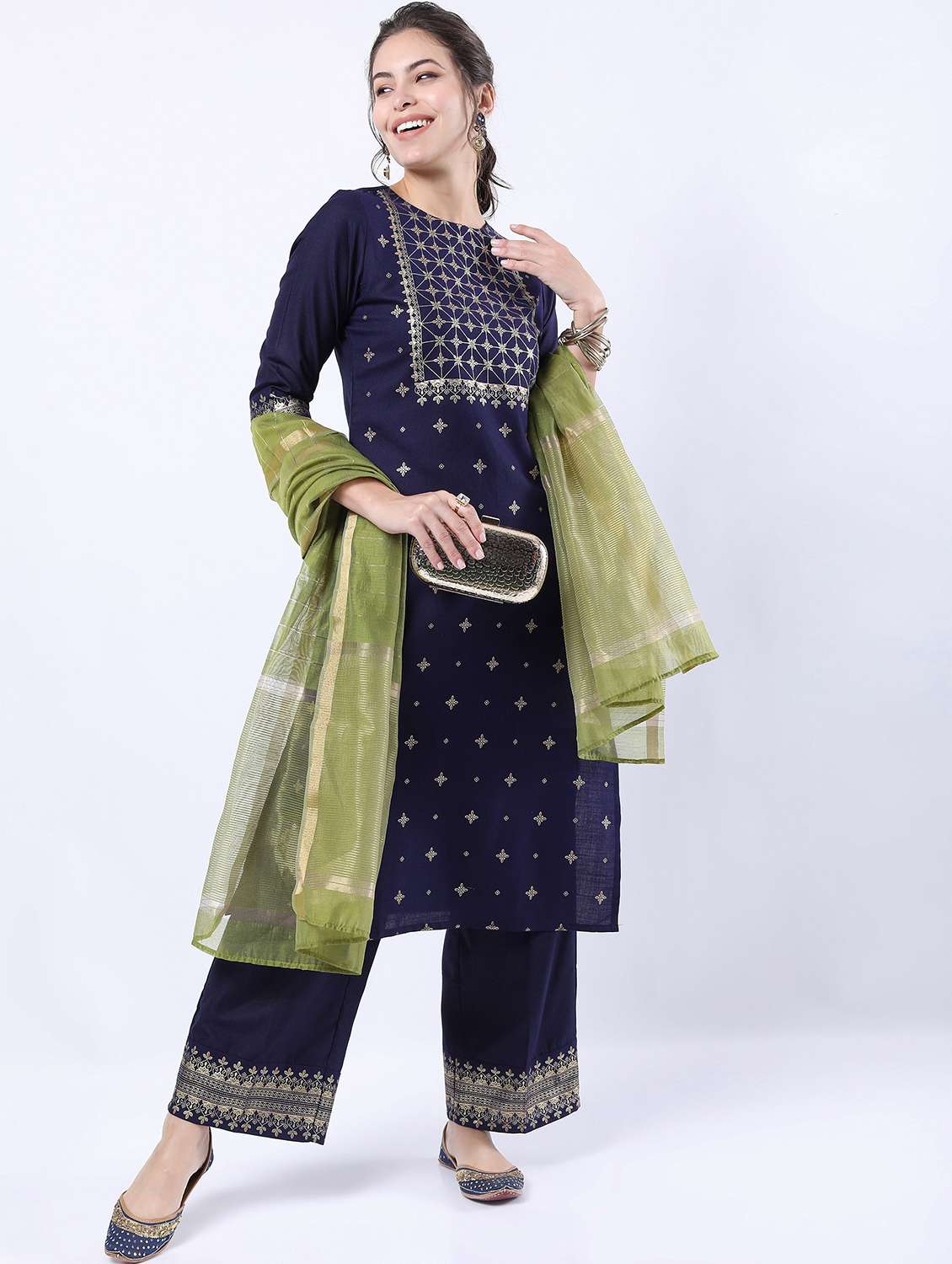 women blue kurta palazzo set with dupatta