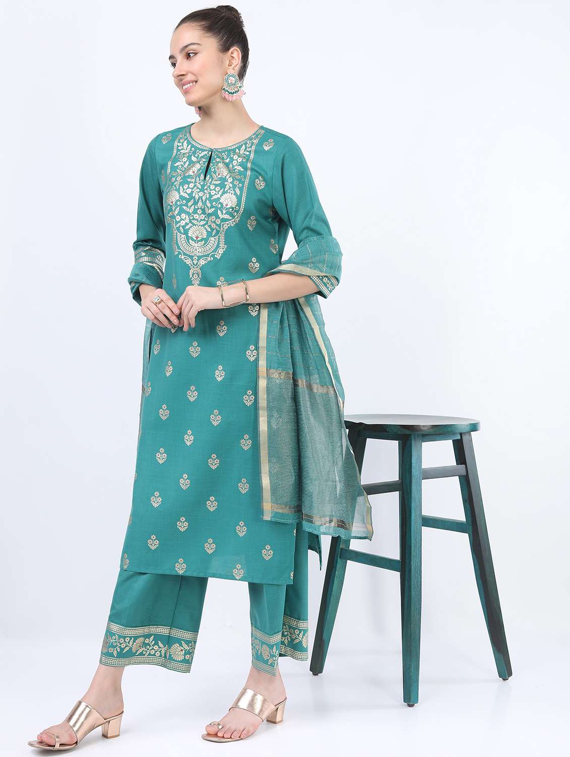 women turquoise kurta pant set with dupatta - 21488339 -  Standard Image - 2