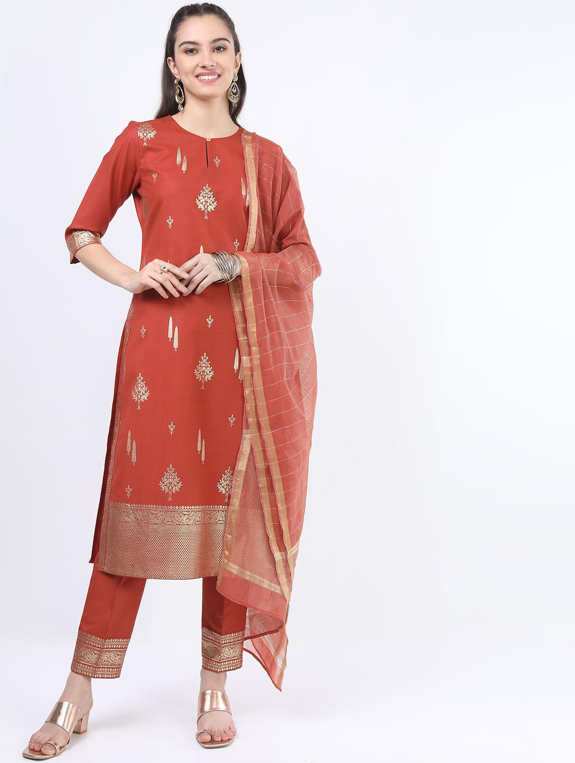 orange self-designed kurta pant set - 21488347 - Standard Image - 2