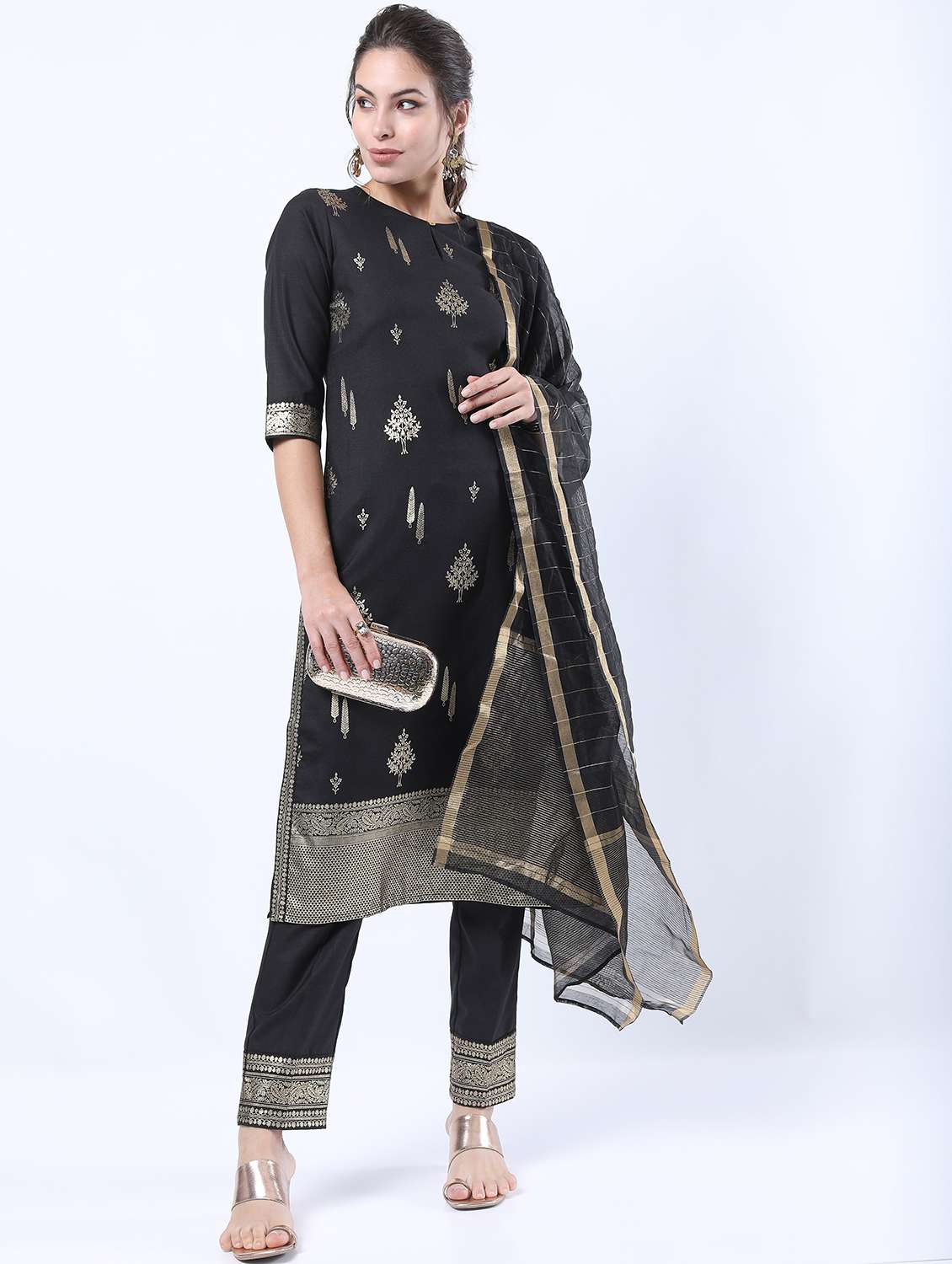 women black kurta pant set with dupatta