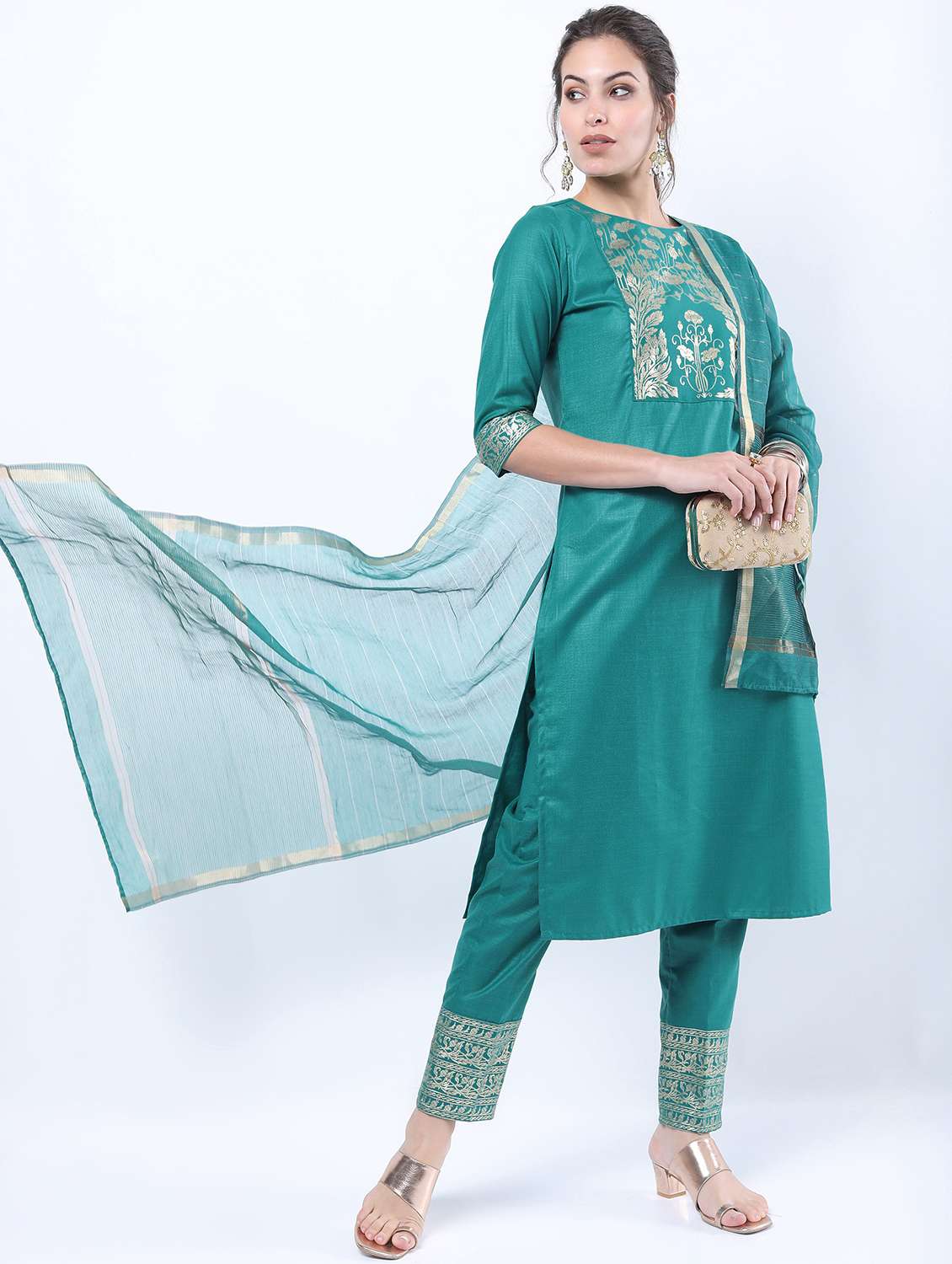 women turquoise kurta pant set with dupatta