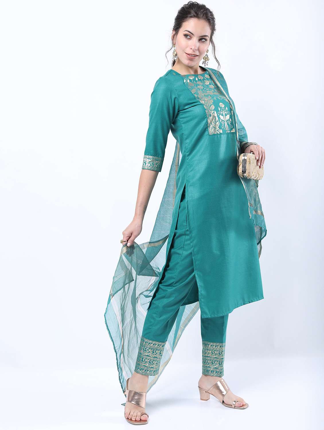 women turquoise kurta pant set with dupatta - 21488352 - Standard Image - 2