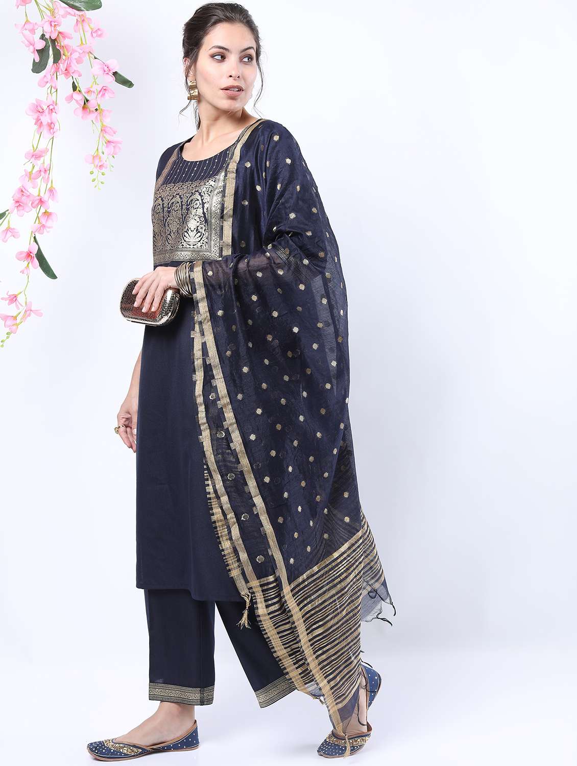 women navy blue kurta pant set with dupatta