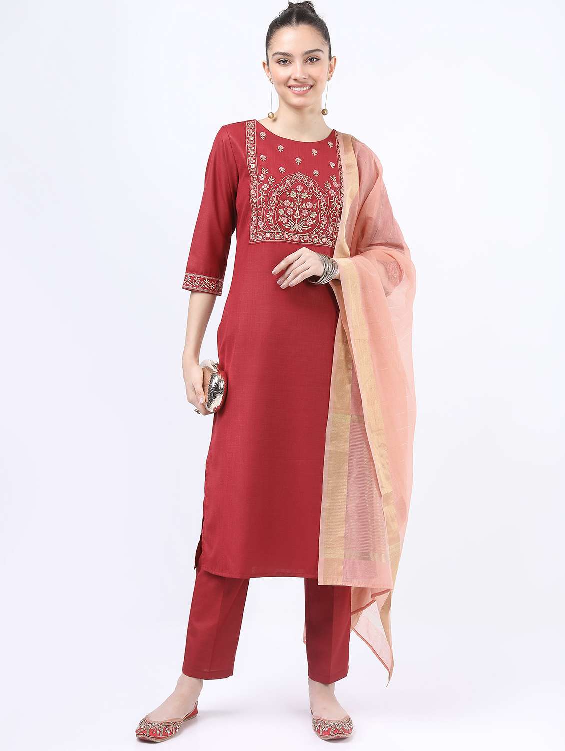 red self-designed kurta pant set