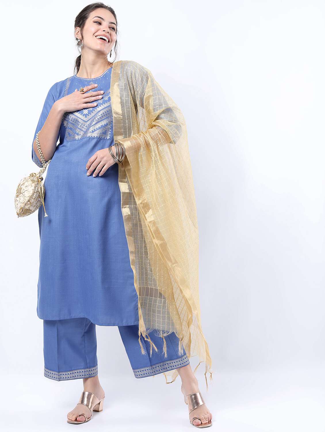 women light blue kurta palazzo set with dupatta