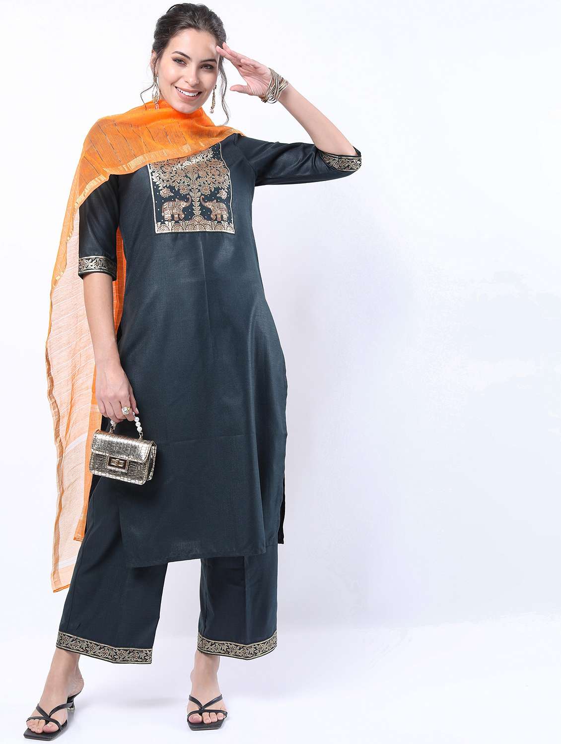 women round neck kurta palazzo set with dupatta