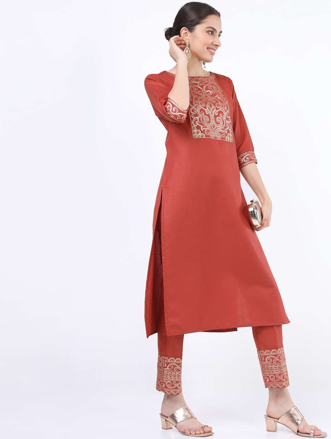 women rust  round neck kurta pant set - 21488390 -  Standard Image - 2