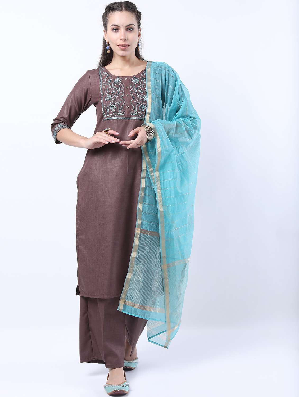women grey kurta palazzo set with dupatta