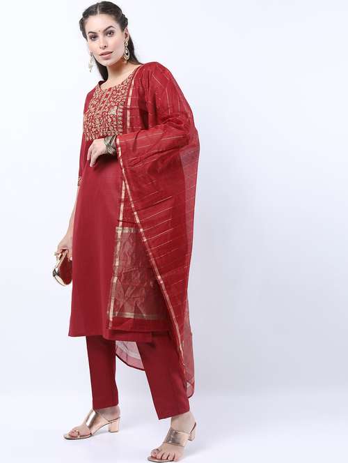red self-designed kurta pant set - 21488395 -  Standard Image - 0