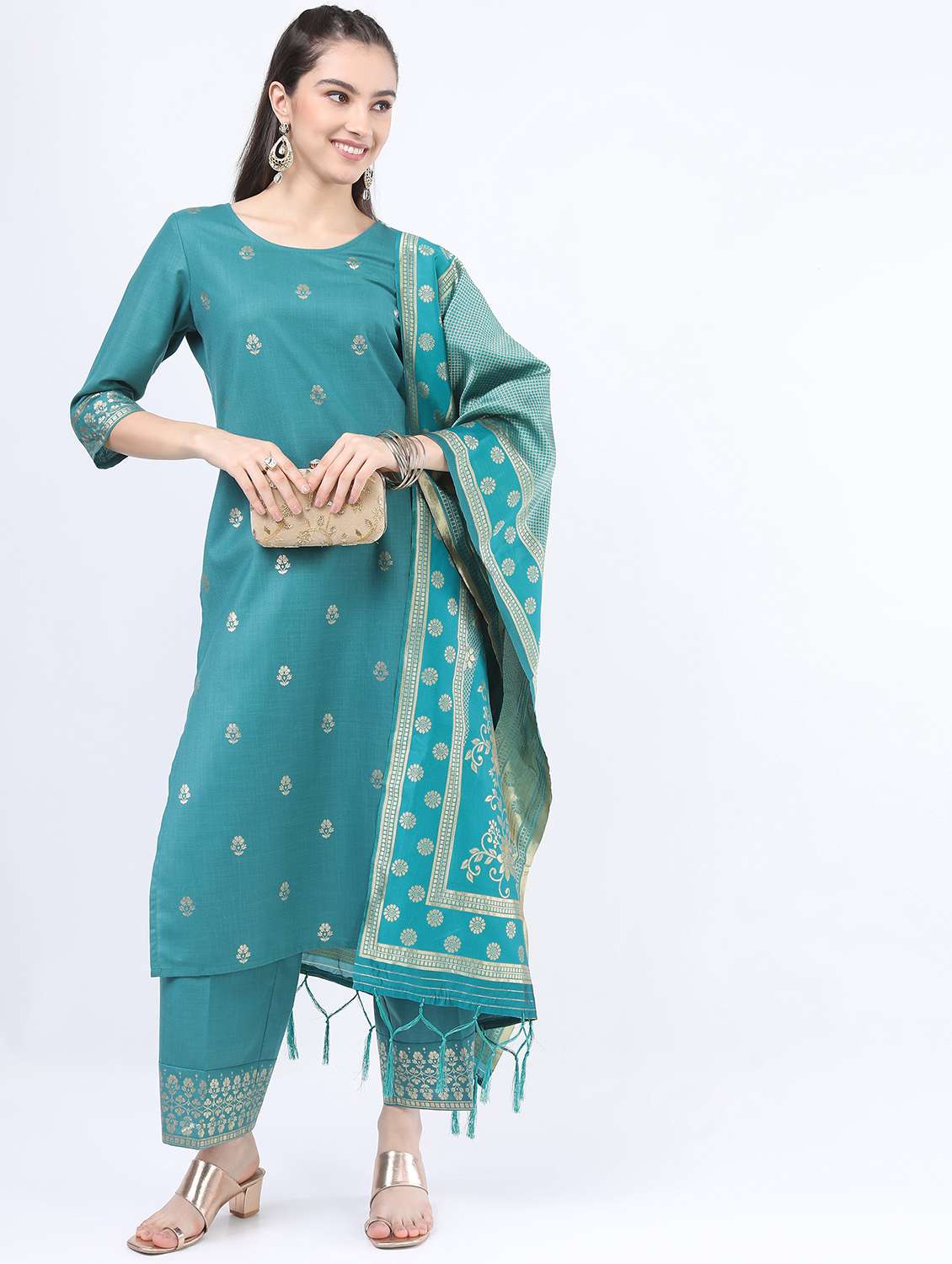 women turquoise kurta palazzo set with dupatta