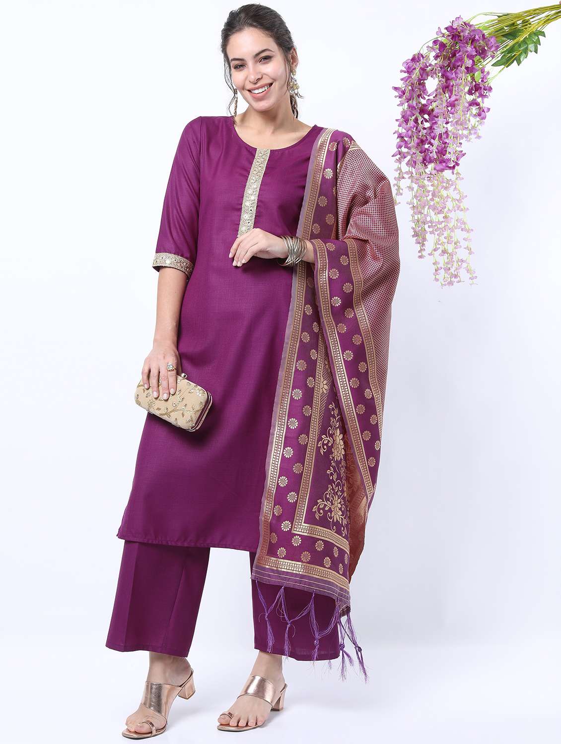 purple mirror work kurta pant set