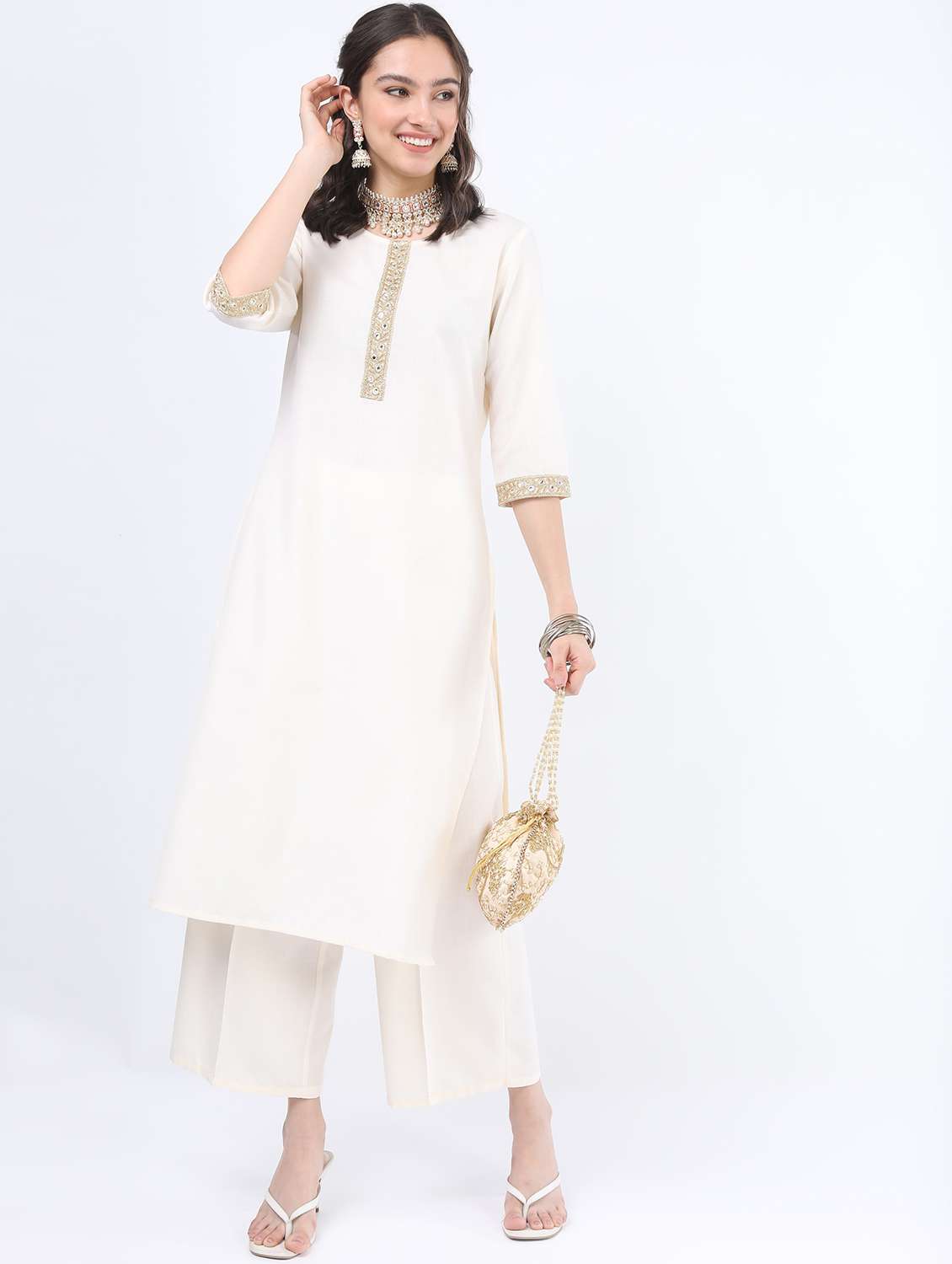 white mirror work kurta pant set