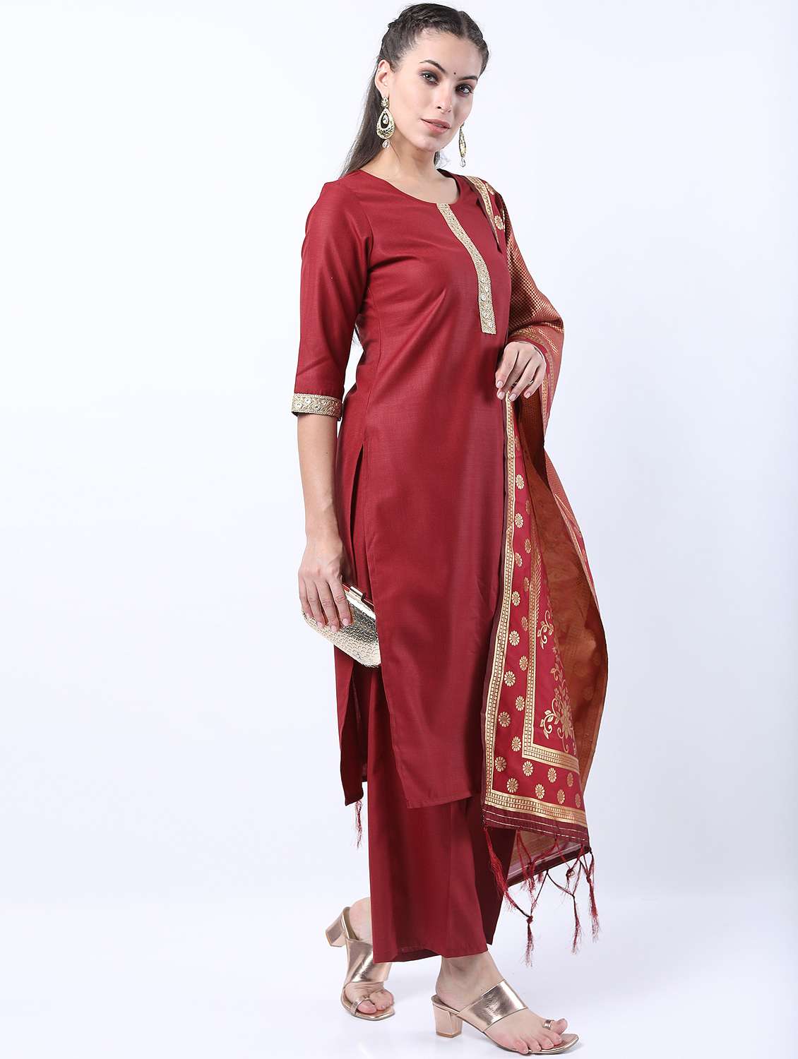 maroon mirror work kurta pant set - 21488434 -  Standard Image - 2